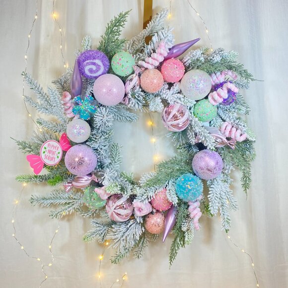 Other - Peppermint Square Pastel Candy Frosted Pine 24" Holiday Christmas Wreath Rare